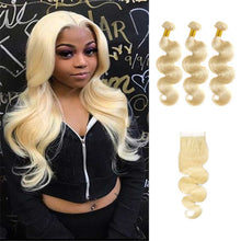 Load image into Gallery viewer, Blonde-613-human-hair-bundles-with-lace-closure-brazilian-body-wave