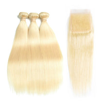 Load image into Gallery viewer, Blonde-613-human-hair-weaves-brazilian -straight-with-free-part-lace-closure-deal