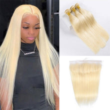 Load image into Gallery viewer, Blonde-brazilian-straight-3-bundles-human-hair-613-lace-frontal-transparent-lace