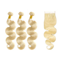 Load image into Gallery viewer, Brazilian-body-wave-Blonde-613-human-hair-bundles-with-lace-closure-deal