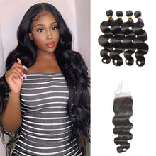 Load image into Gallery viewer, Brazilian-body-wave-virgin-hair-4-bundles-with-4x4-lace-closure-deal-cheap-human-hair-weaves