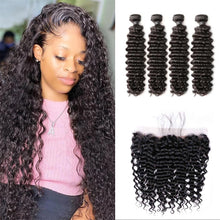 Load image into Gallery viewer, Brazilian-deep-wave-curly-hair-4-bundles-with-lace-frontal-unprocessed-human-hair-hair-weaves