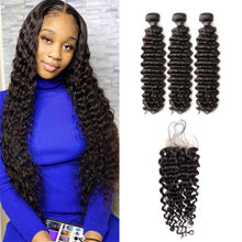 Load image into Gallery viewer, Brazilian-deep-wave-curly-hair-bundles-with-closure-human-hair-weaves-and-4x4-lace-closure