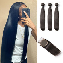 Load image into Gallery viewer, Brazilian-straight-virgin-hair-bundles-with-closure-3-bundles-with-lace-closure-deal