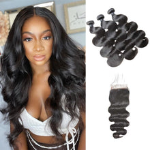 Load image into Gallery viewer, Brazilian-virgin-hair-bundles-with-4x4-closure-body-wave-human-hair-full-cuticles-aligned