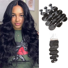 Load image into Gallery viewer, Brazilian-virgin-hair-bundles-with-closure-body-wave-human-hair-full-cuticles-aligned-natural-looking