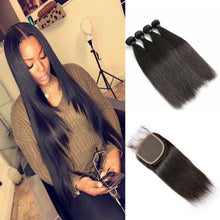 Load image into Gallery viewer, Brazilian-virgin-hair-straight-4-bundles-deal-human-hair-weaves-with-4x4-swiss-lace-closure