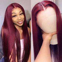 Load image into Gallery viewer, Burgundy-99J-lace-front-wig-180%-density-transparent-lace-frontal-wigs