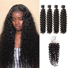 Load image into Gallery viewer, Deep-wave-4-bundles-with-4x4-lace-closure-deal-curly-hair-weaves-double-machine-weft