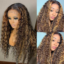 Load image into Gallery viewer, Highlight-Deep-Wave-Wigs-4x4-Lace-Closure-Wig-Honey-Blonde-Transparent-Lace-Wig-Ombre-Hair