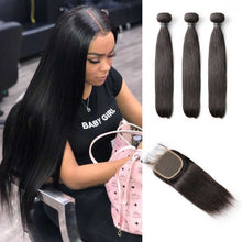 Load image into Gallery viewer, ULit-Brazilian-straight-virgin-hair-bundles-with-closure-hairstyles-3-bundles-with-lace-closure-deal