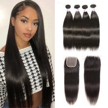 Load image into Gallery viewer, ULit-Brazilian-virgin-hair-straight-hair-4-bundles-deal-human-hair-weaves-with-4x4-swiss-lace-closure